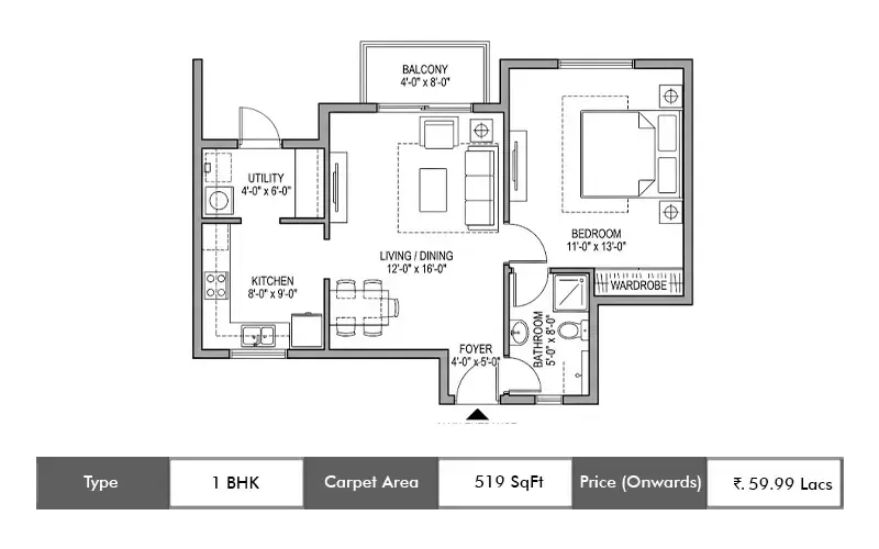 Regency Avana 1 BHK floor plan, 519 sq ft carpet area